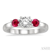 3.50 MM Round Cut Ruby and 3/8 ctw Past, Present and Future Round Cut Diamond Precious Ring in 14K White Gold